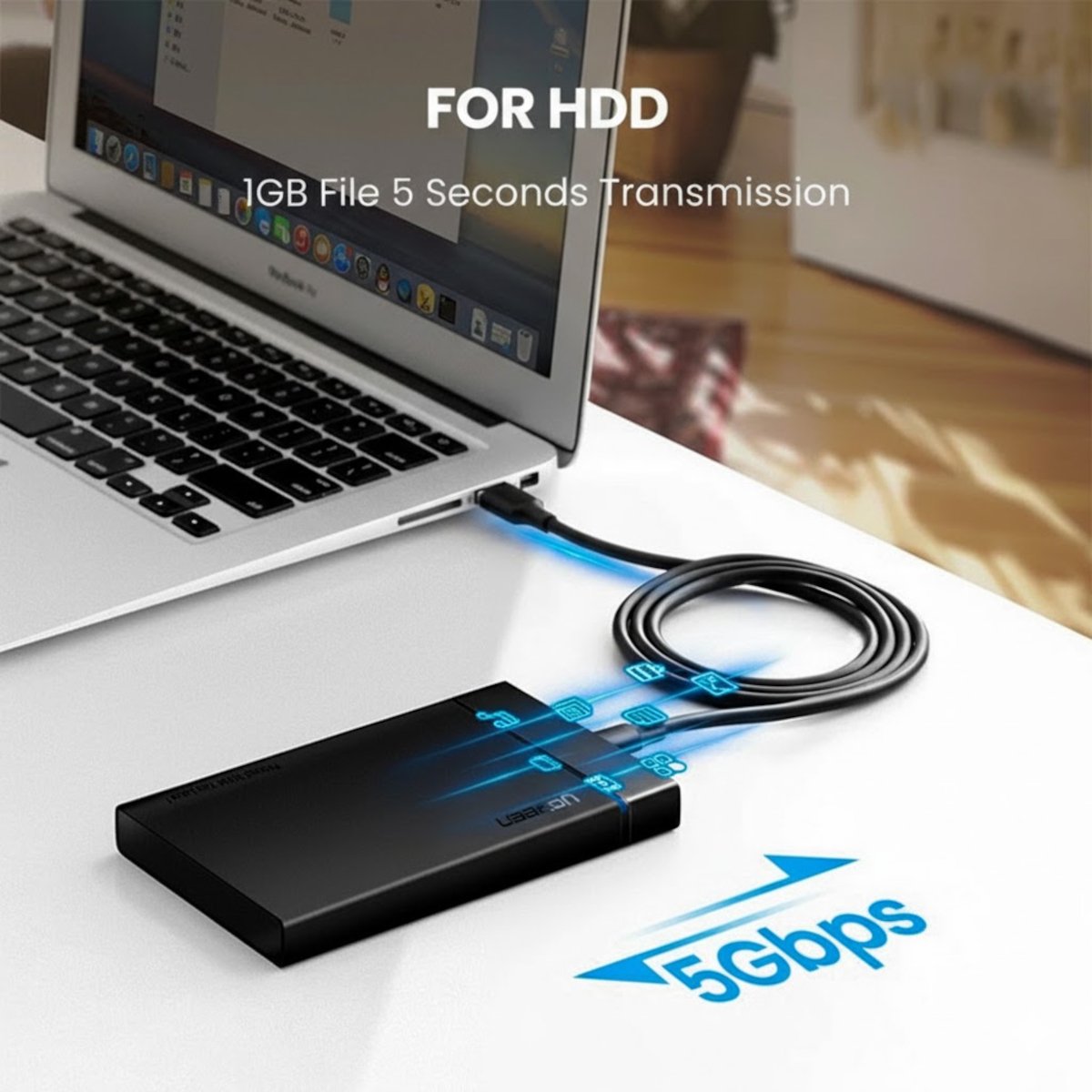 UGreen Type-C to USB 3.0 Cable 2m – Fast Charging 3A, 5Gbps Sync – Black - Image 4