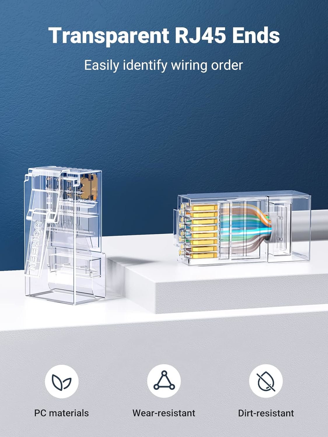 UGreen Cat6 RJ45 Modular Plugs (50 Pcs)–Transparent with Gold Contacts - Image 3