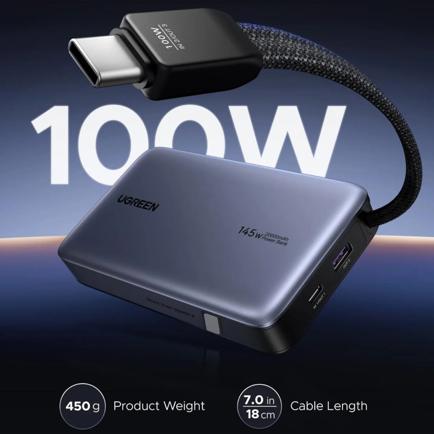 UGREEN Nexode 145W 20000mAh Power Bank with built-in USB Type-C Cable - Image 3